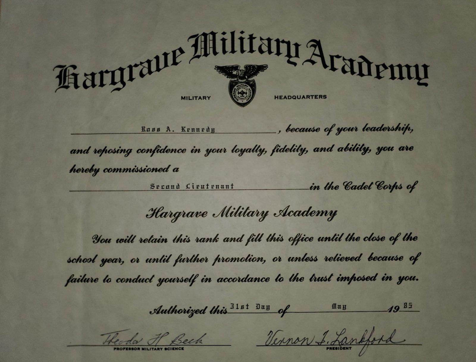Hargrave Military Academy rank and service